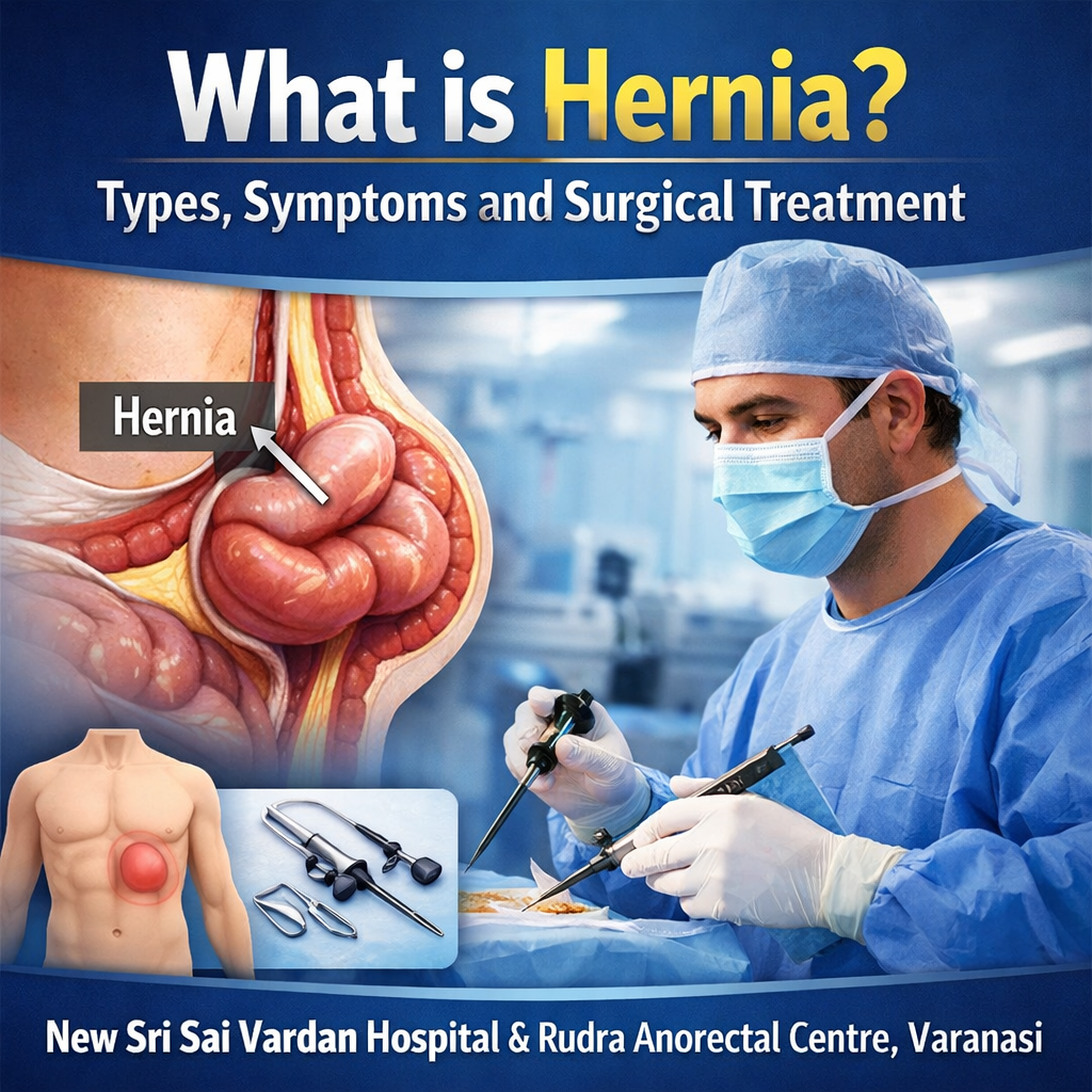 What is Hernia? Types, Symptoms and Surgical Treatment | New Sri Sai Vardan Hospital & Rudra Anorectal Centre, Varanasi